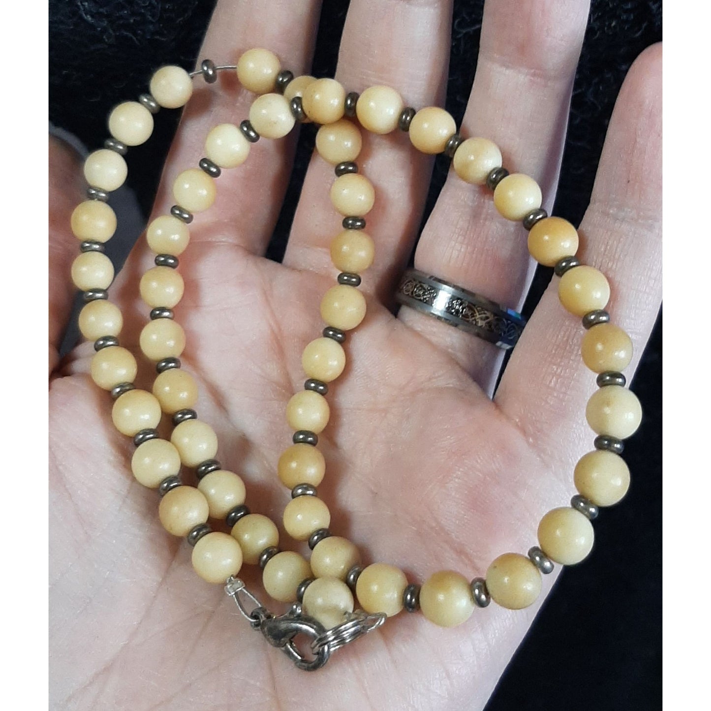 Vintage Beige Wood Beaded Necklace With Metal Spacers