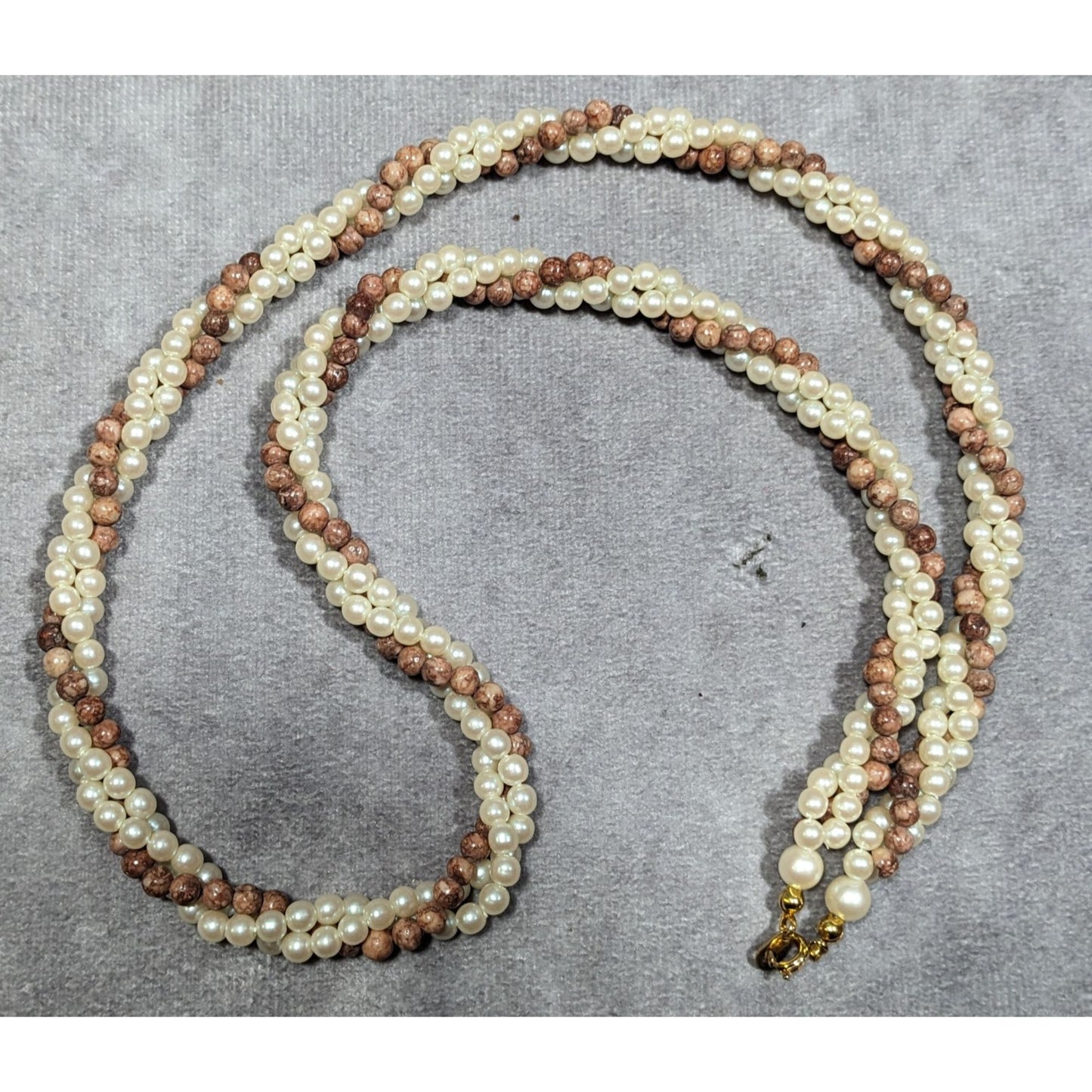 Vintage Faux Pearl And Tan Agate Beaded Torsade Necklace
