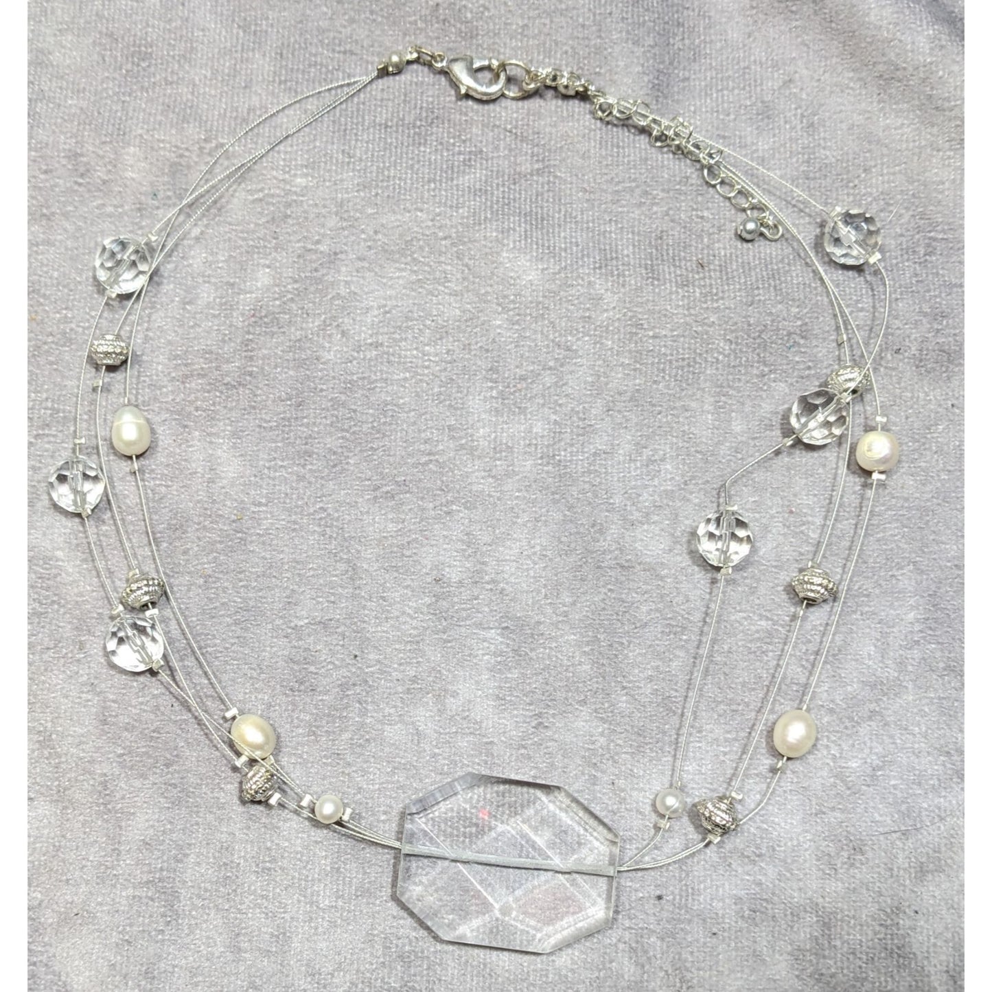 Whimsical White Clear And Silver Tone Floating Necklace