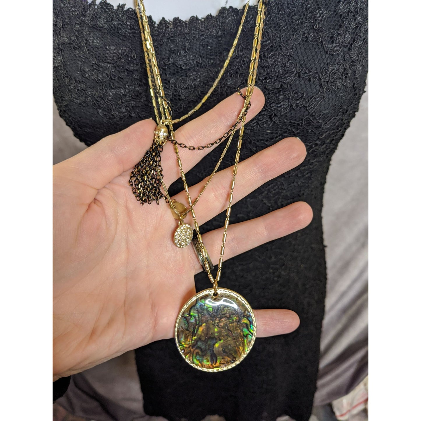 Sara Bella Mermaidcore Layered Gold-Tone Necklace With Abalone Pendant & Rhinestone Charm