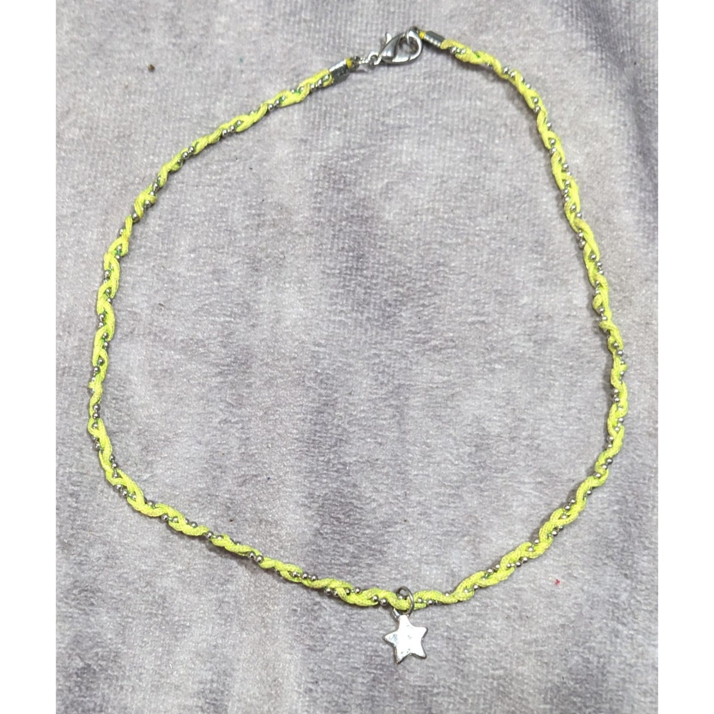 Handmade 90s Style Green And Silver Tone Braided Necklace With Star Charm