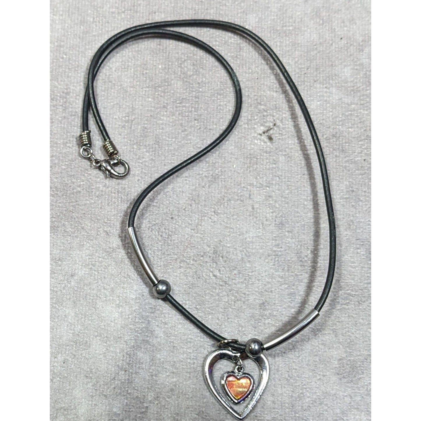 90s Double Heart Silver Tone With Brown Shell Pendant Necklace