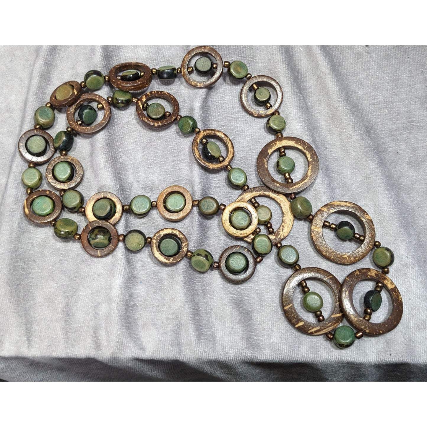 Handcrafted Wooden Brown And Green Disc Necklace With Circular Accents