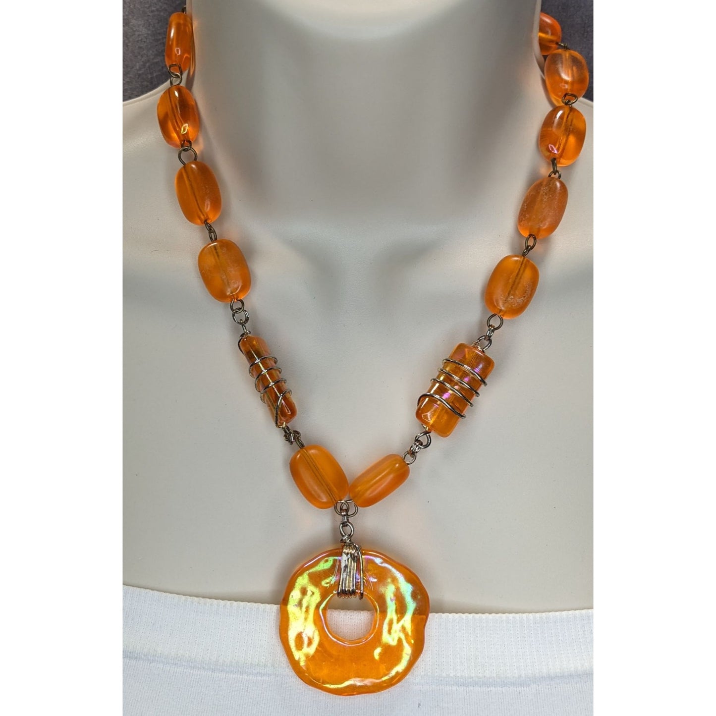 Retro Vintage Orange Iridescent Beaded Statement Necklace Mod Y2K Pendant