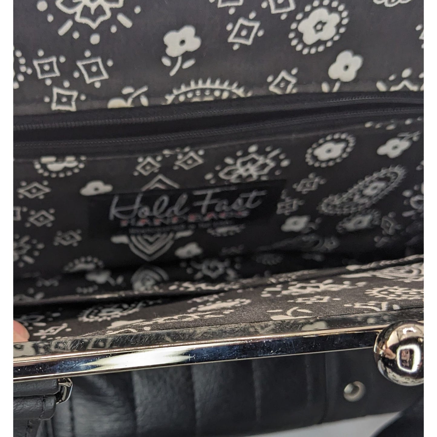 Hold Fast Handmade Gothic Black Faux Leather Handbag With Silver Studs & Kiss Lock Closure USA 11x8x4 Inch
