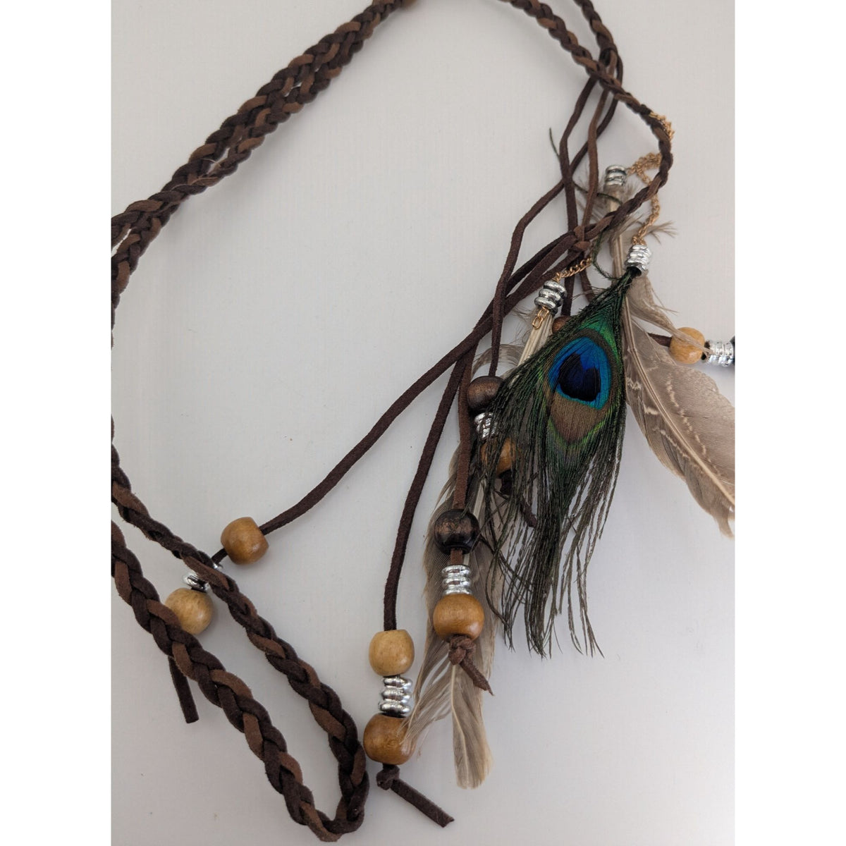 Boho Hippie Suede Brown Peacock Feather Bolo Necklace 22 Inch