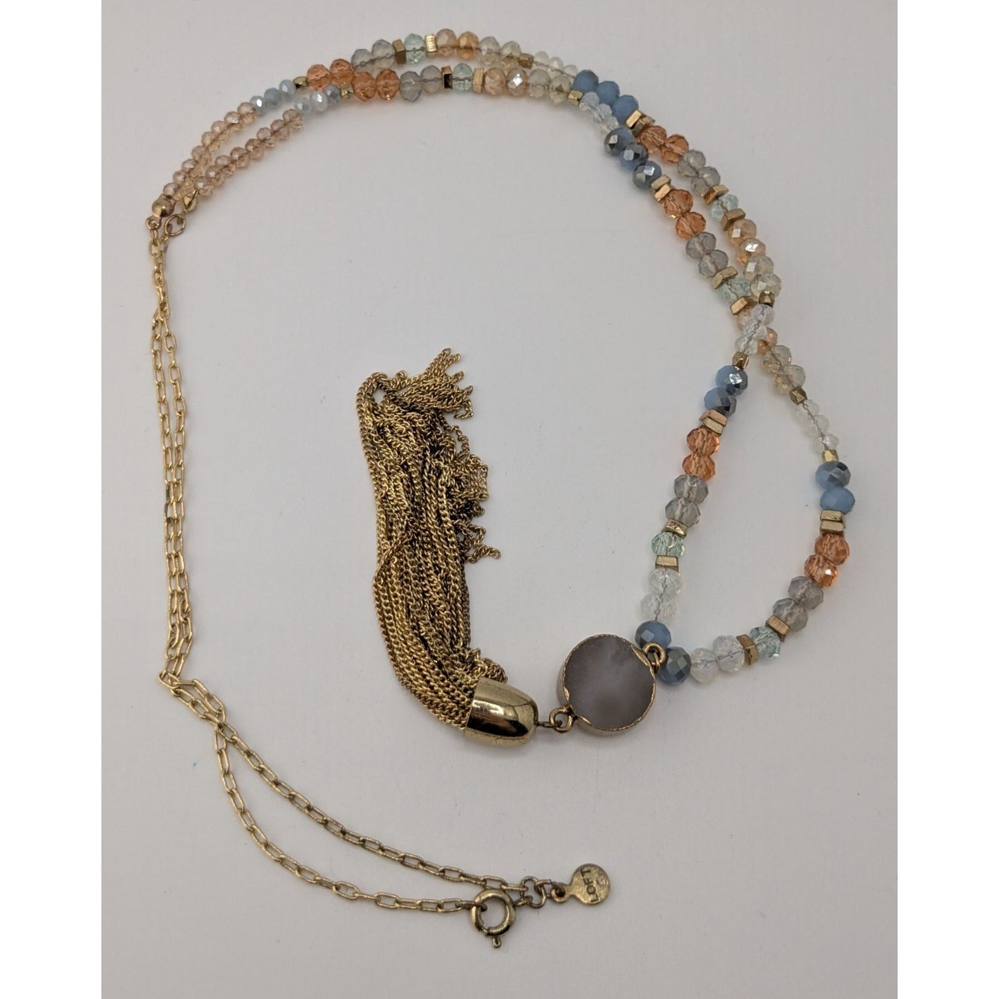 LOFT Druzy Pendant Necklace Glass Beaded Gold Tone Tassel Boho Glam Statement
