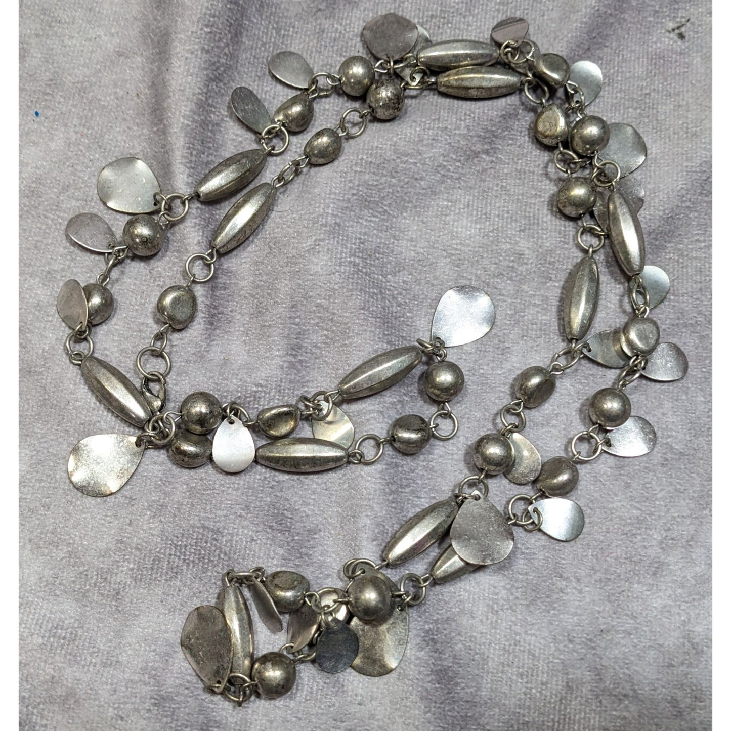 Abstract Metallic Bead Chain And Charm Necklace Silver Tone