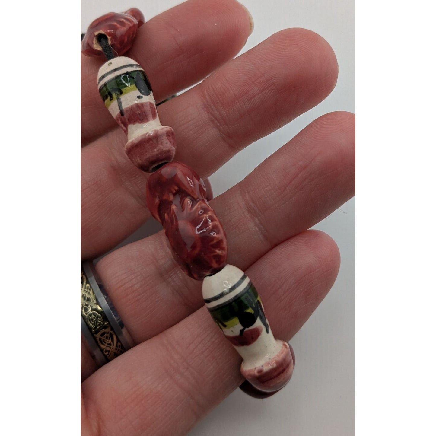Vintage Hand-Painted Peruvian Stretch Bracelet With Ceramic Beads 7 Inches