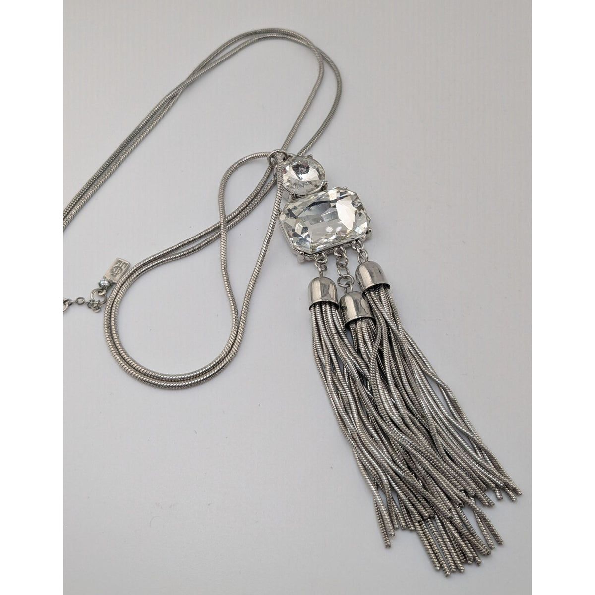 Jennifer Lopez Y2K Glam Silver Tone Crystal Statement Tassel Necklace 30 Inch