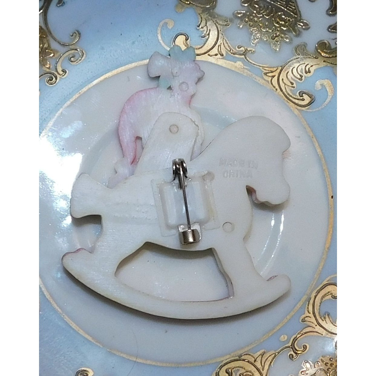 Vintage 70s Moving Santa Rocking Horse Brooch