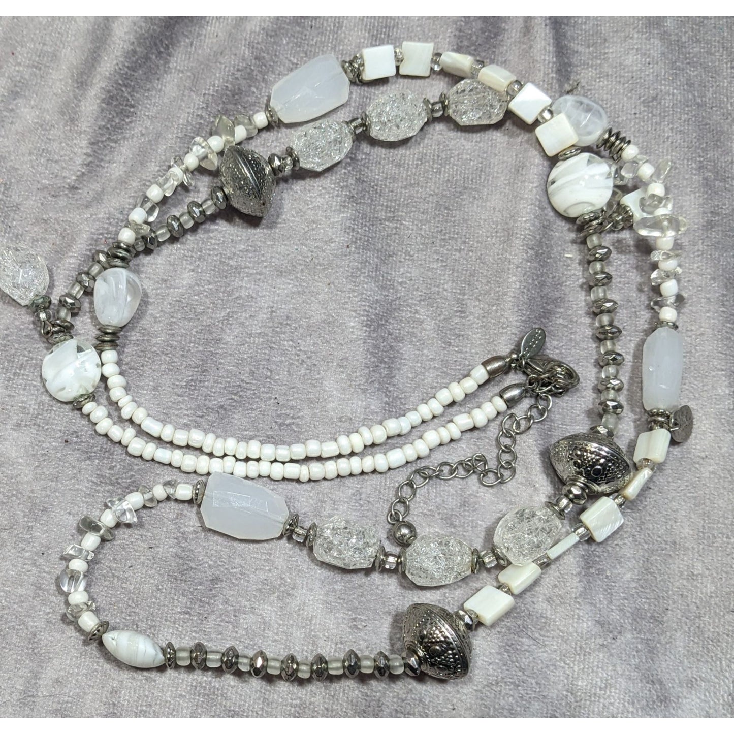 Chico's Snowy White And Silver Tone Glass And Acrylic Beaded Necklace