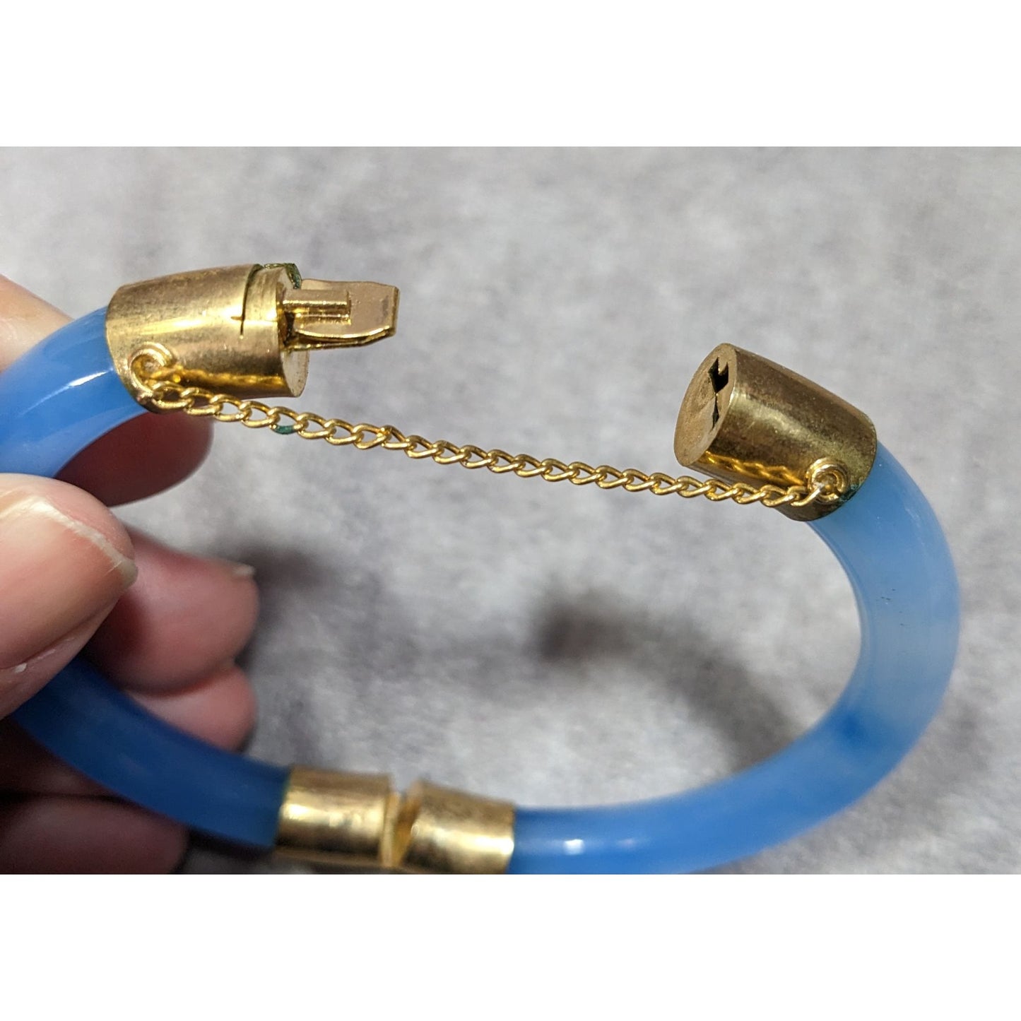 Vintage Midcentury Blue Marbled Glass And Gold Tone Hinged Bracelet