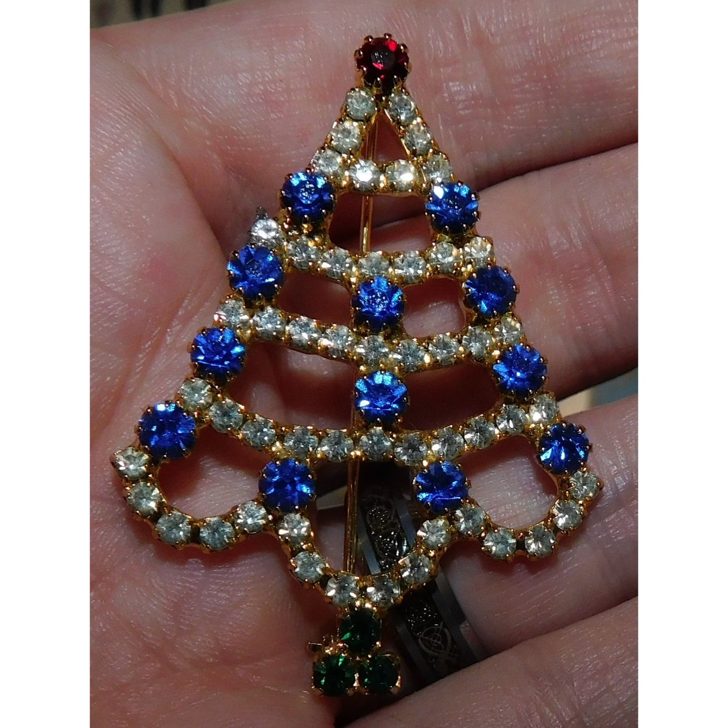 Vintage Christmas Tree Brooch Blue And Gold Tone With Rhinestones