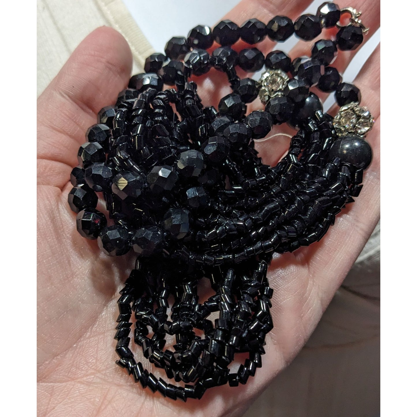 Glam Goth Black Multi-Strand Beaded Necklace With Crystal Accents
