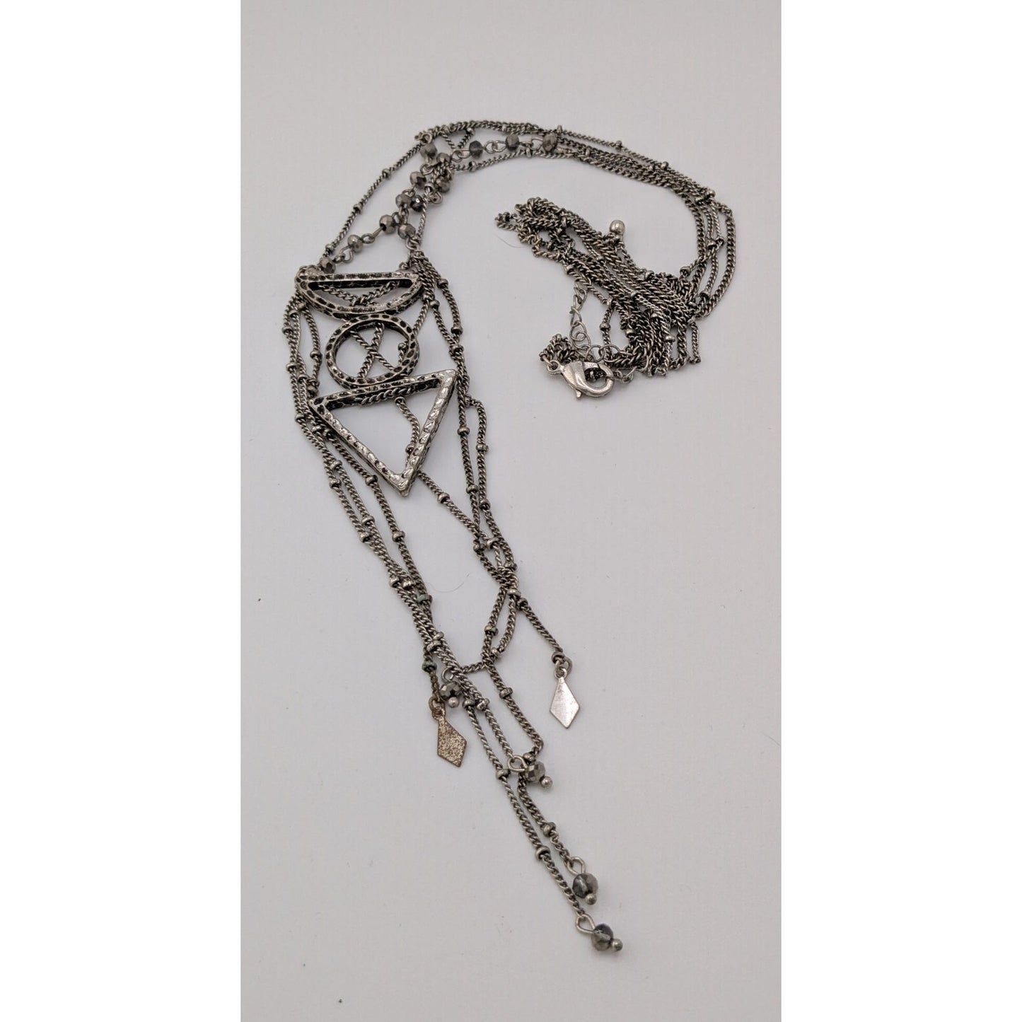 Bohemian Geometric Silver-Tone Layered Pendant Necklace Fringe