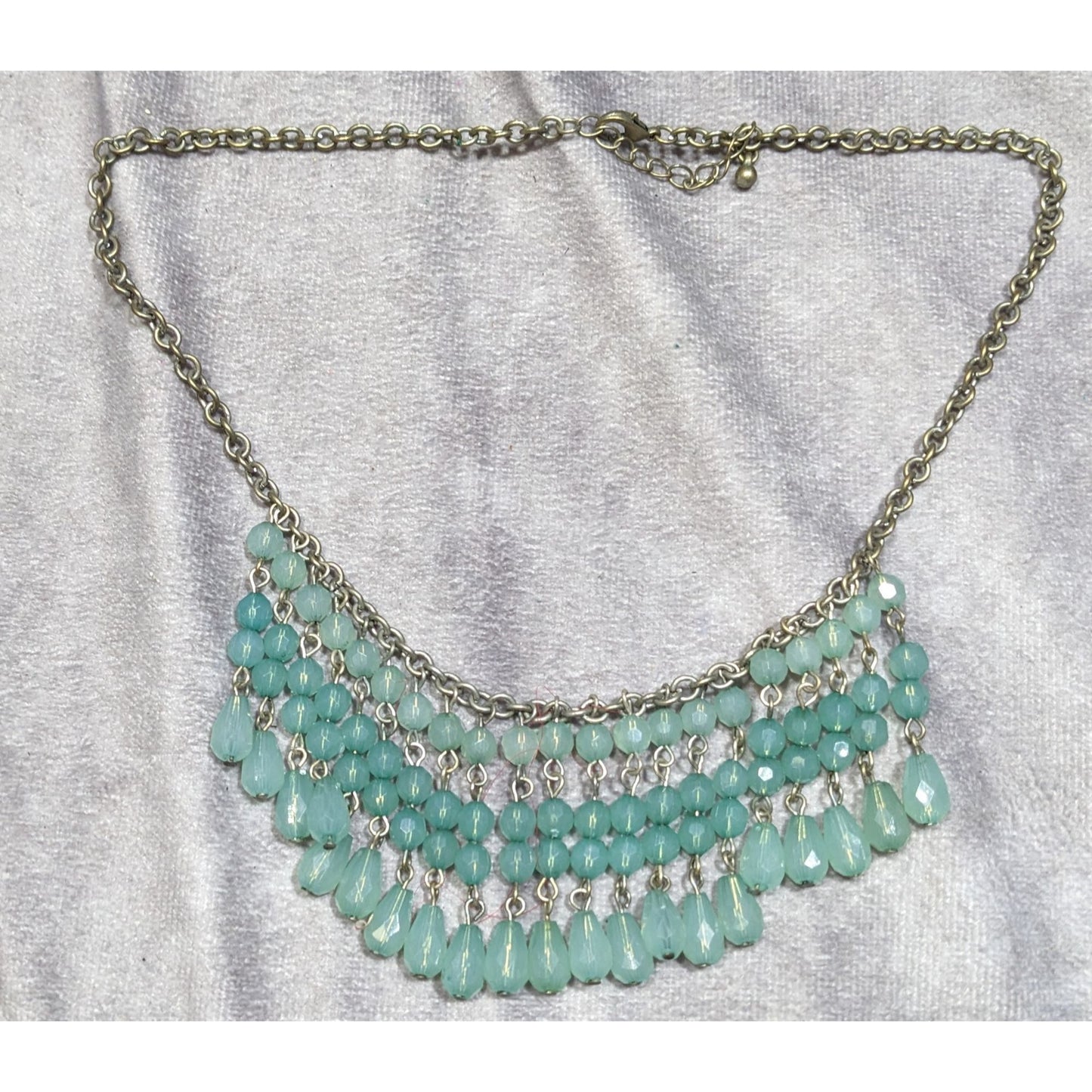 Bohemian Fringe Aqua Beaded Bib Necklace With Antiqued Gold Chain