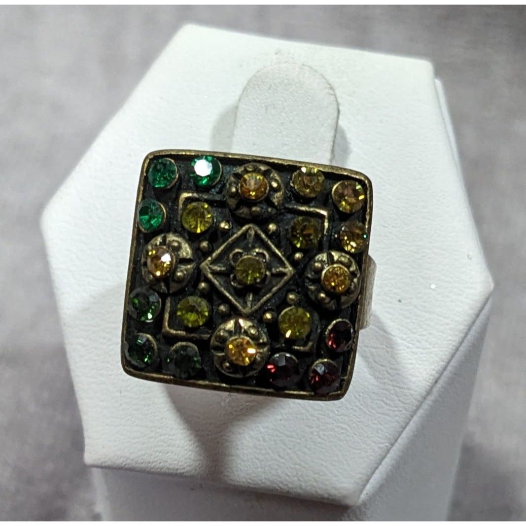 Unique Rainbow Geometric Rhinestone Gold Tone Adjustable Ring Size 8