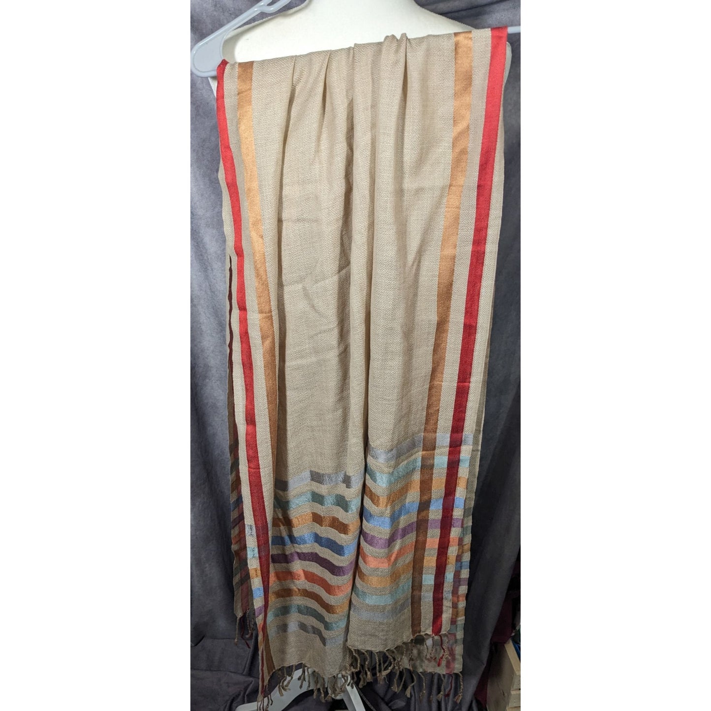 Vintage Cream Rainbow Stripe Accent Fringe Scarf