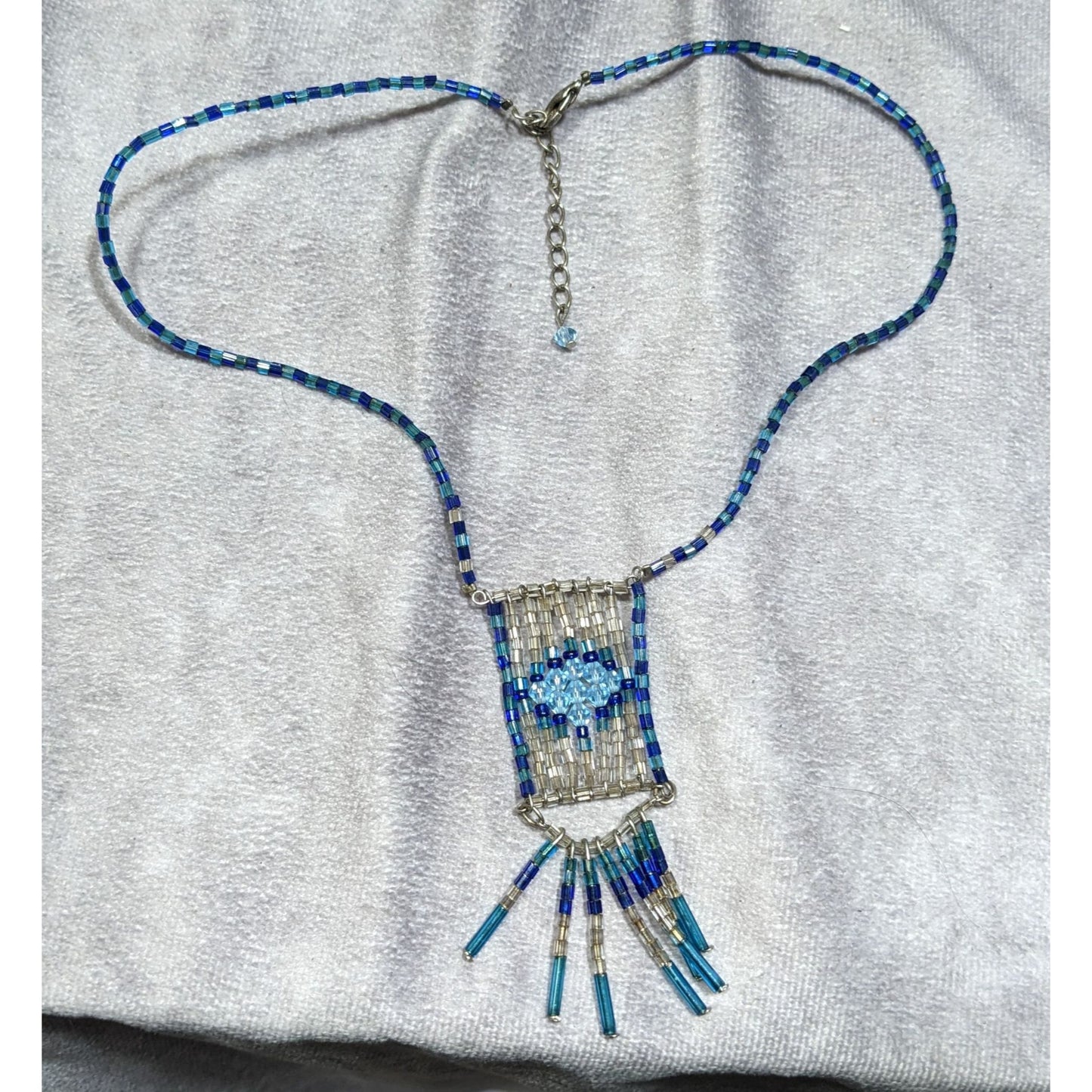 Handcrafted Bohemian Blue & Silver Tone Beaded Necklace With Fringe Pendant