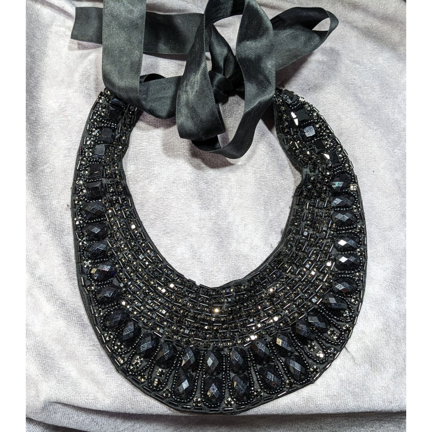 Gothic Vintage Handmade Satin Lined Glass Beaded Tie On Collar Necklace