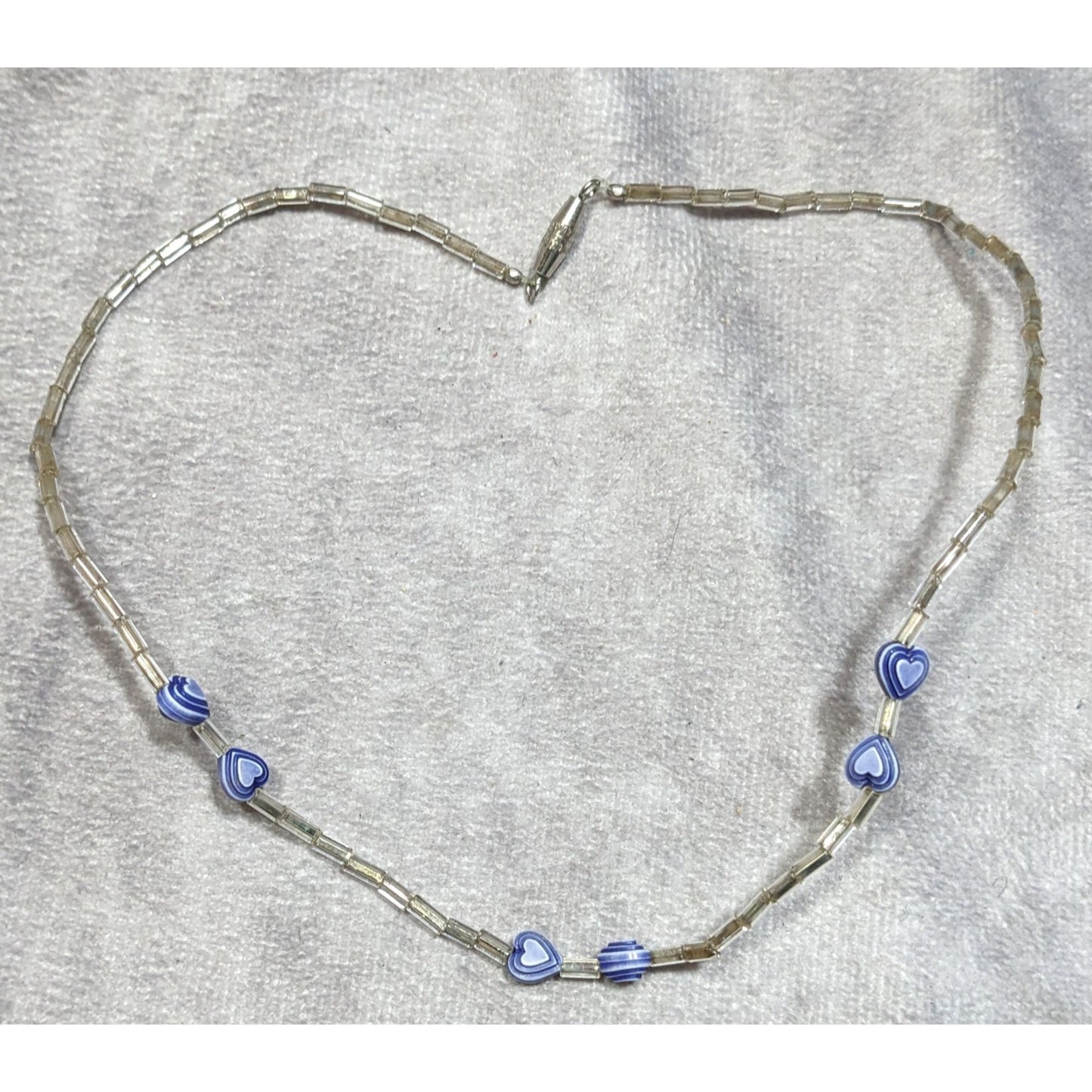 Handmade Heart & Swirl Beaded Necklace With Silver-Toned Tubes & Blue Accents