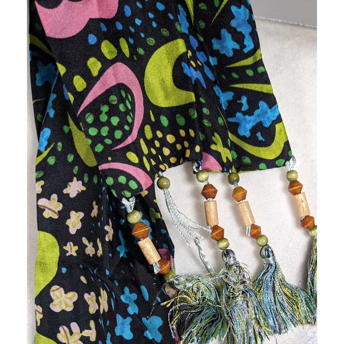 Talbots Retro Rainbow Floral Beaded Tassel Scarf