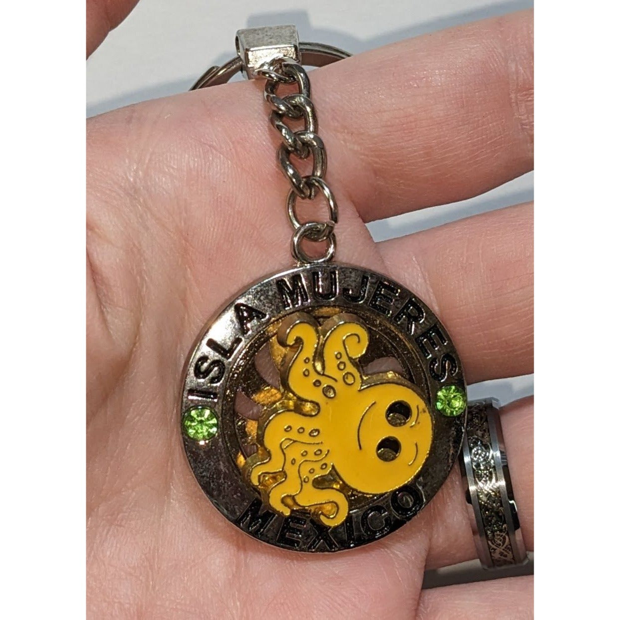 Isla Mujeres Mexico Souvenir Keychain With Spinning Smiling Yellow Octopus