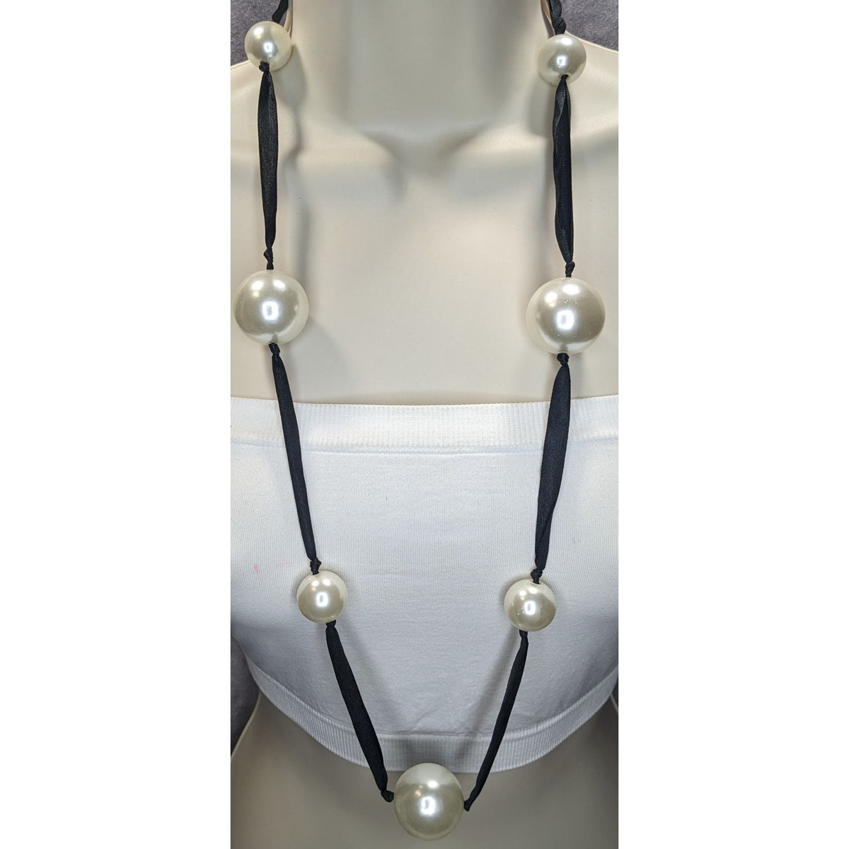 Vintage Romantic Faux Pearl White Black Ribbon Station Necklace 32 Inch