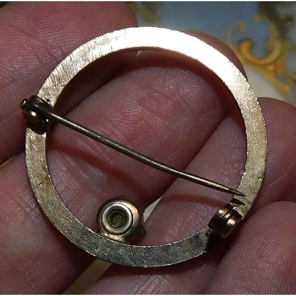 Vintage Gold Tone Open Circle Brooch With Faux Pearl Accent