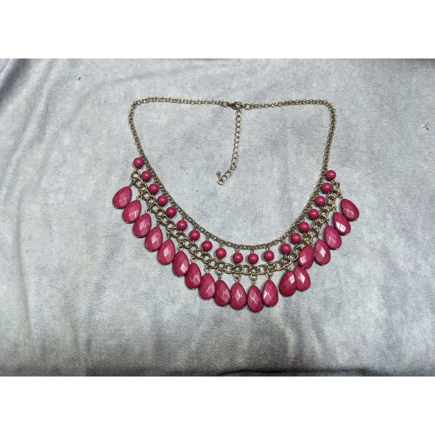Bohemian Magenta Fringe Beaded Gold Tone Chain Statement Necklace