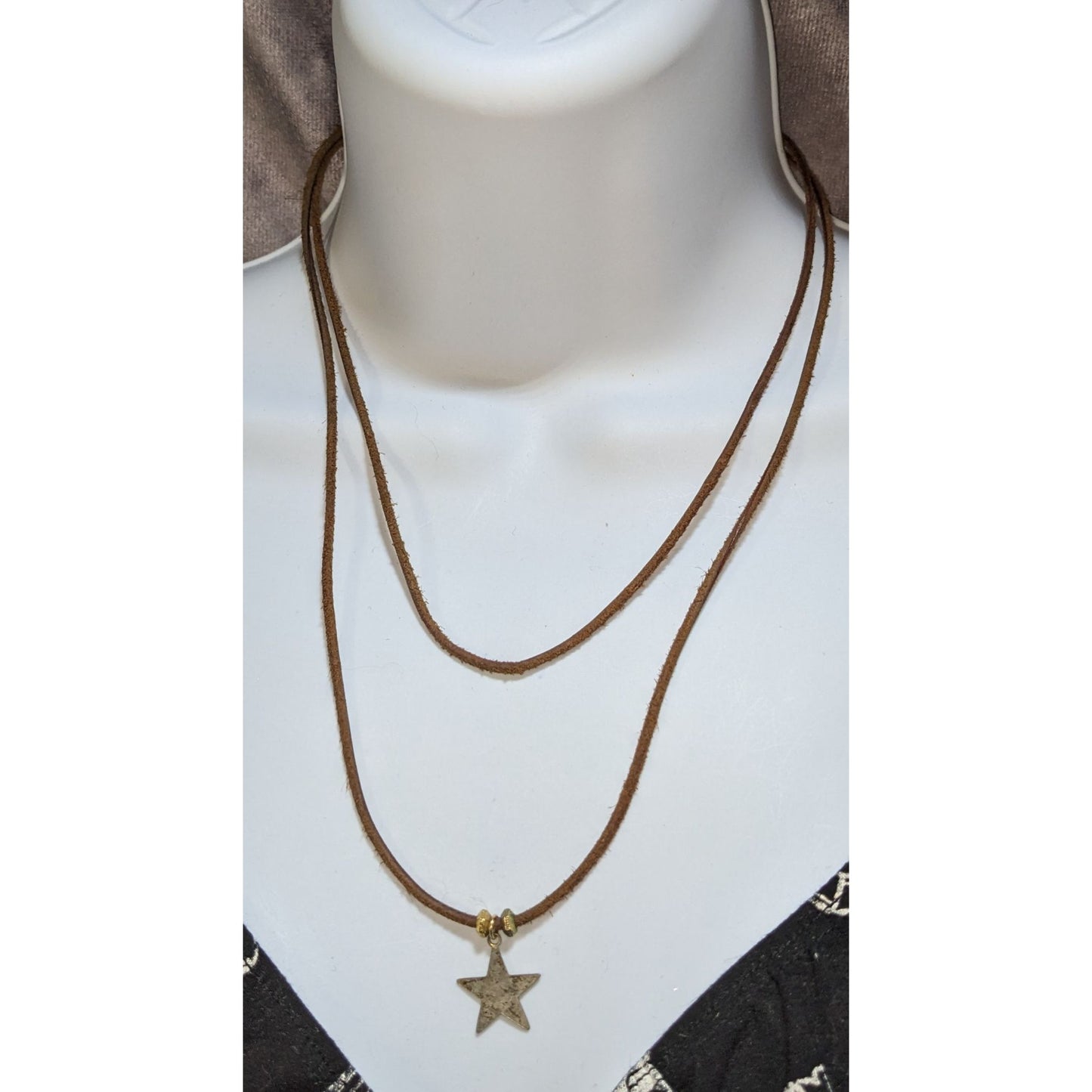 Leather Star Pendant Necklace Brown Suede Cord Gold Tone Minimalist Western Boho