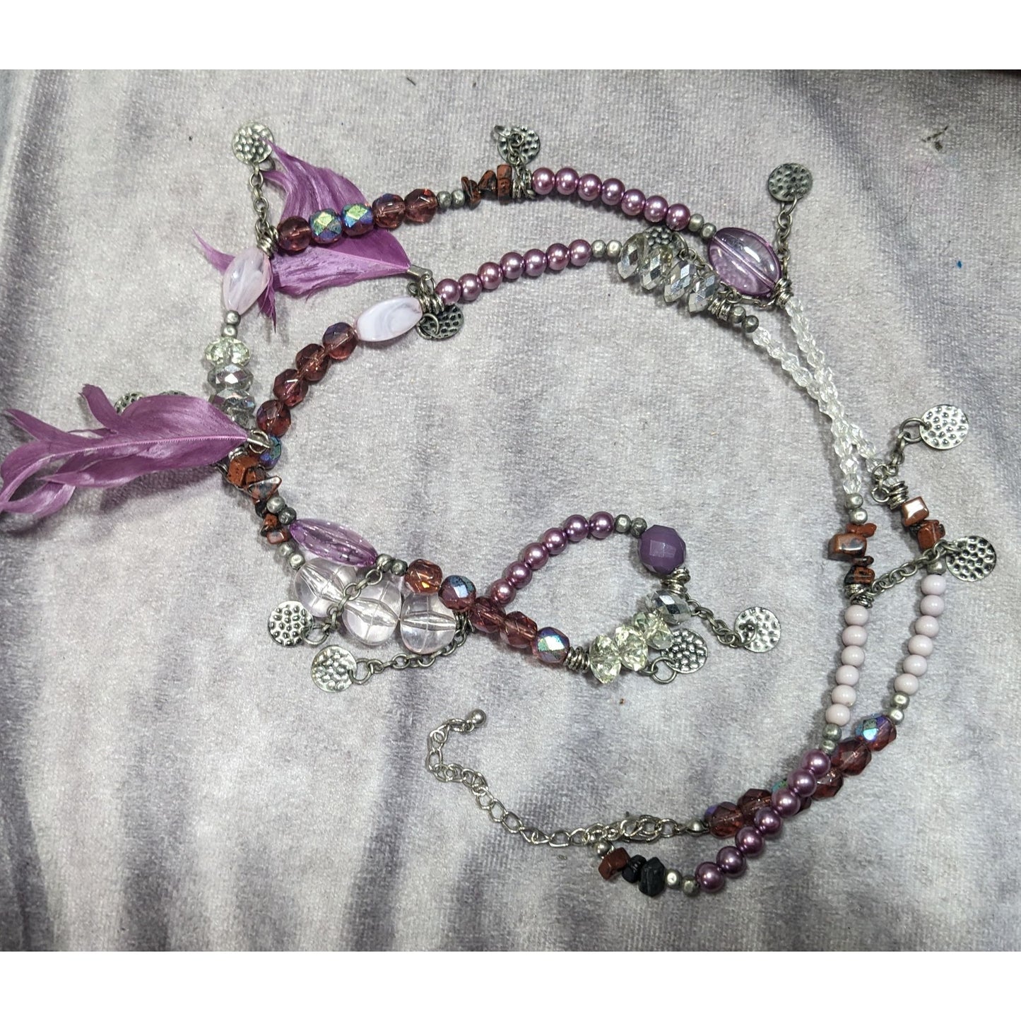 Bohemian Purple And Silver Tone Charm And Feather Beaded Necklace