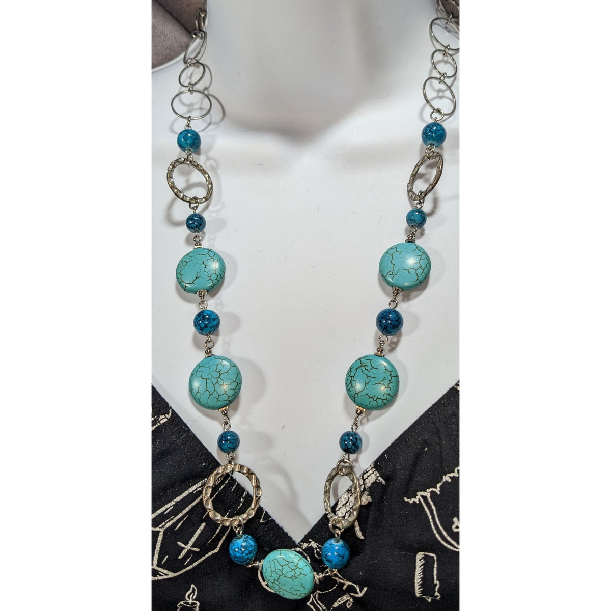 Boho Southwestern Simulated Turquoise Beaded Silver Tone Statement Necklace