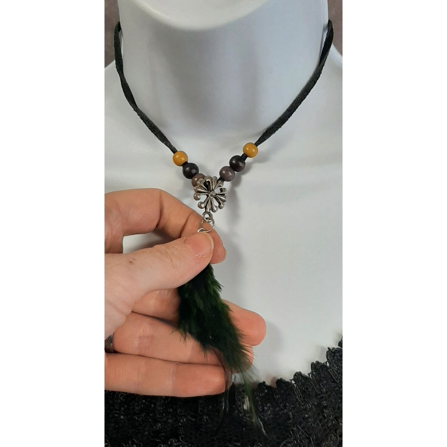 Boho Feather Pendant Necklace With Adjustable Cord & Beads