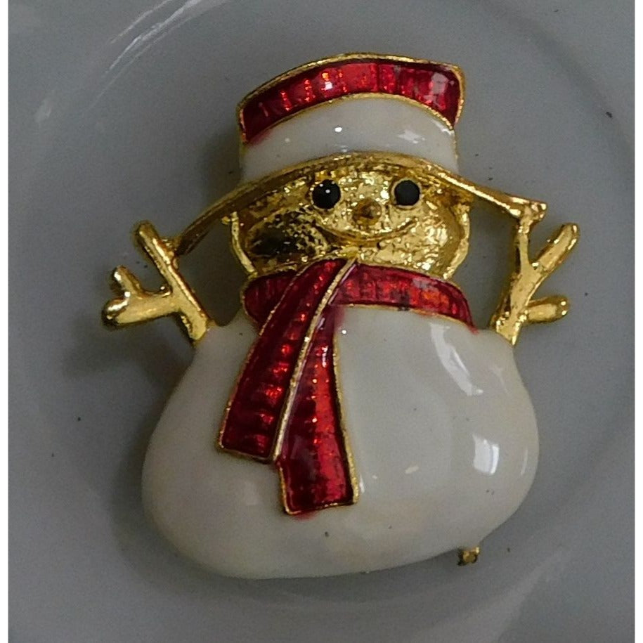 Cute Vintage Smiling Snowman Brooch Gold Tone With Enamel