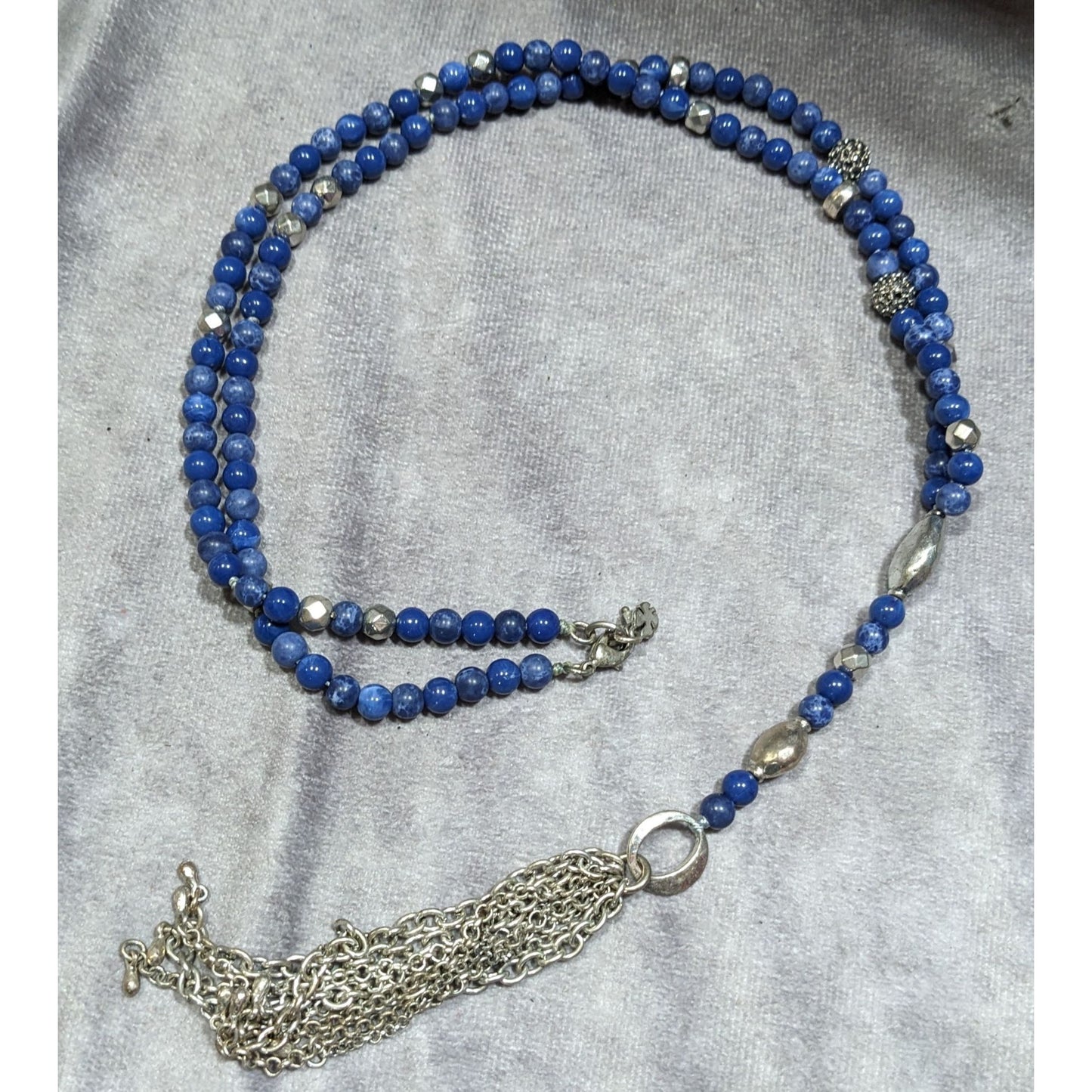 Bohemian Lucky Brand Lapis Lazuli Beaded Chain Tassel Necklace