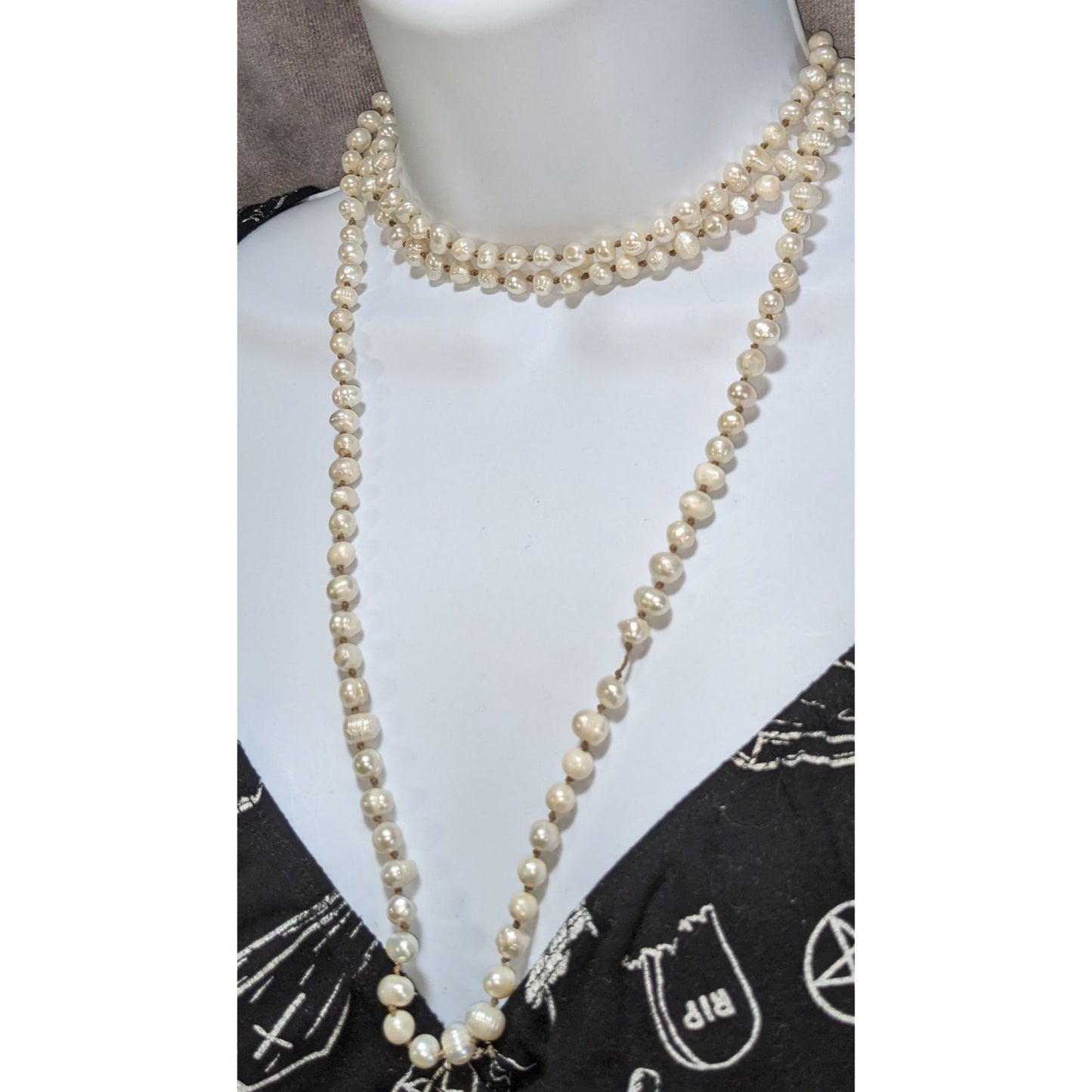 Vintage Genuine Pearl Necklace Long Knotted Freshwater Pearl Strand Classic Elegant Jewelry