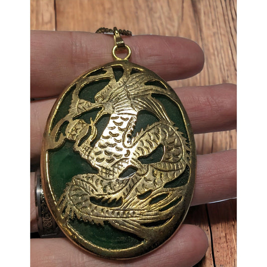 Vintage Green And Gold Japanese Dragon Medallion Necklace