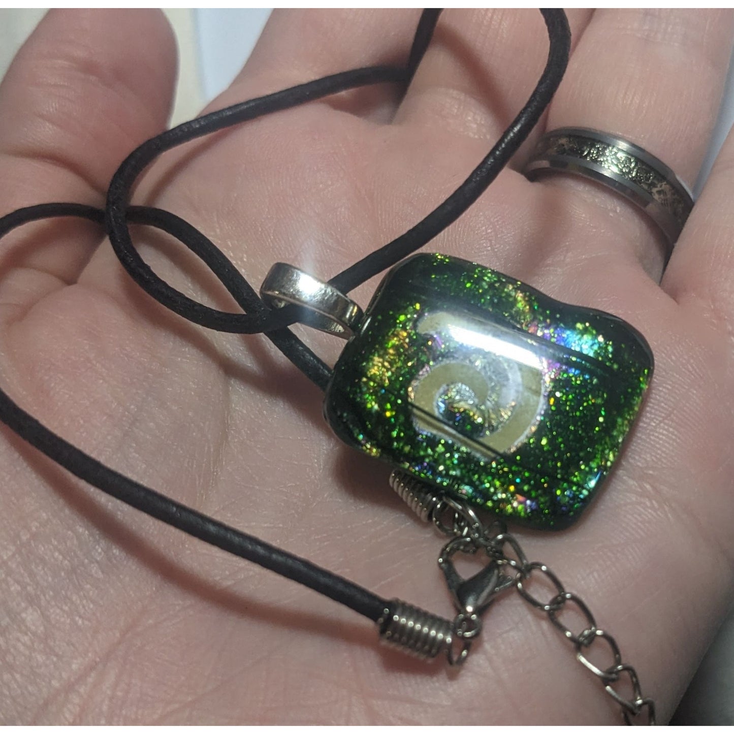 Green Dichroic Glass Swirl Necklace