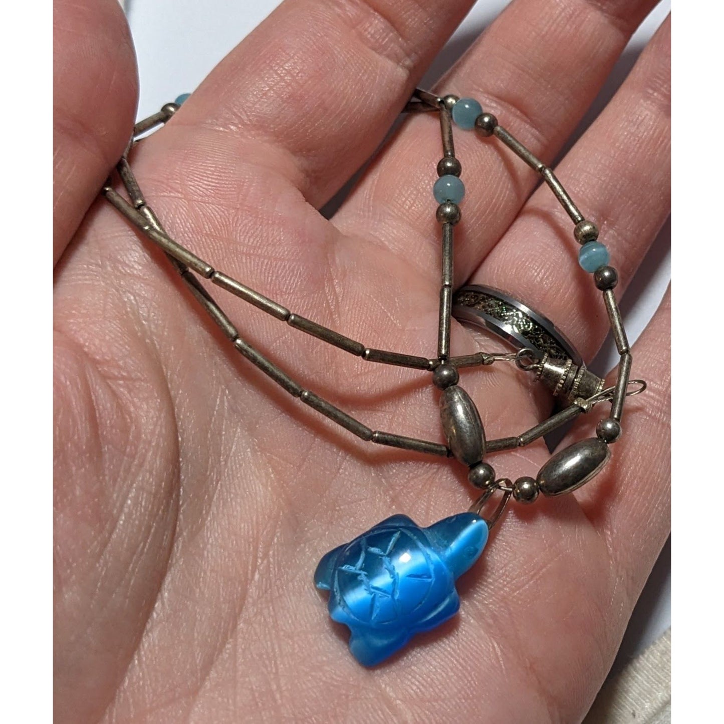 Vintage 90s Blue And Silver Turtle Necklace