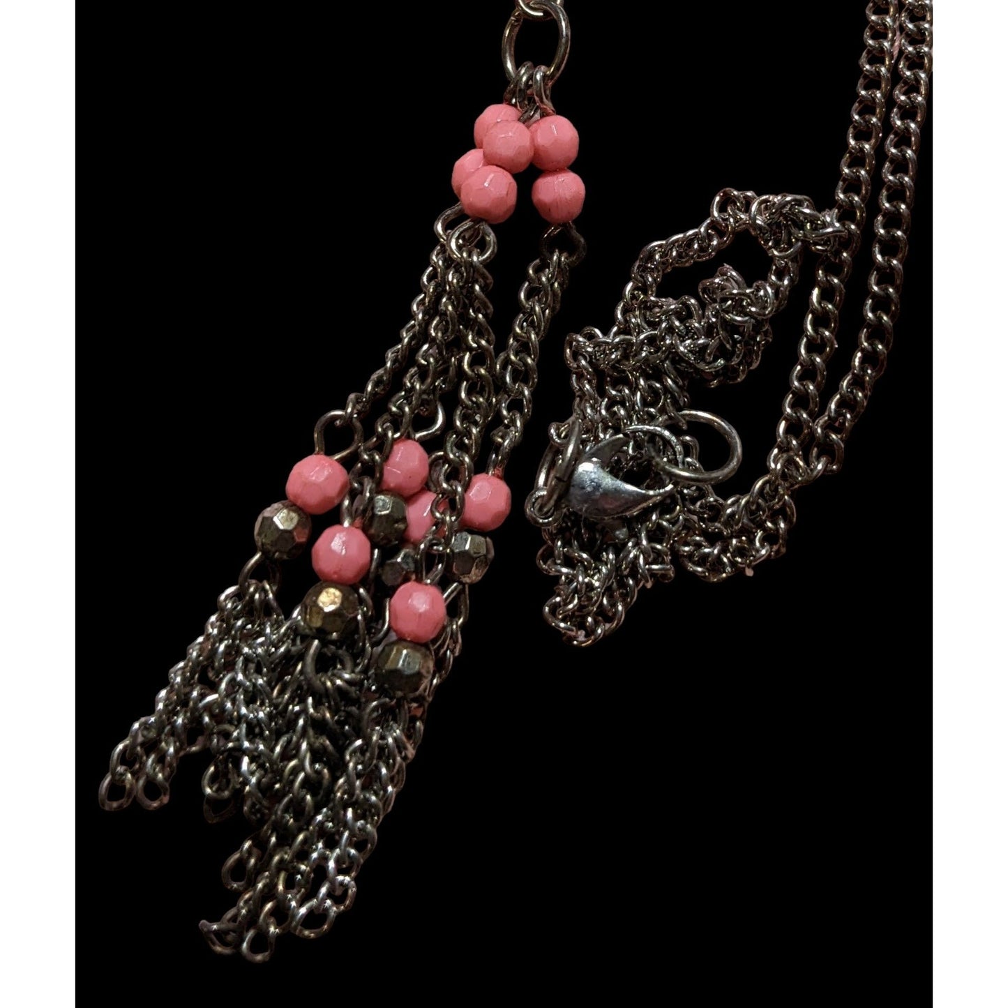 Pink And Silver Beaded Chain Tassel Necklace