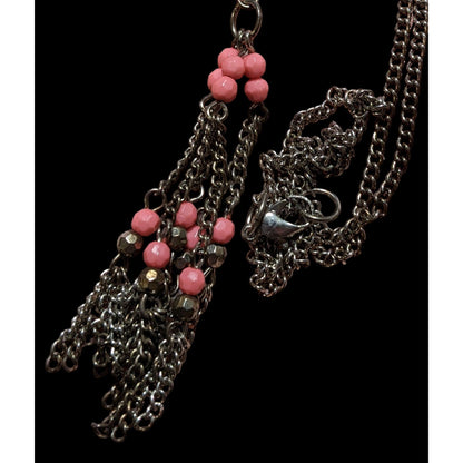 Pink And Silver Beaded Chain Tassel Necklace