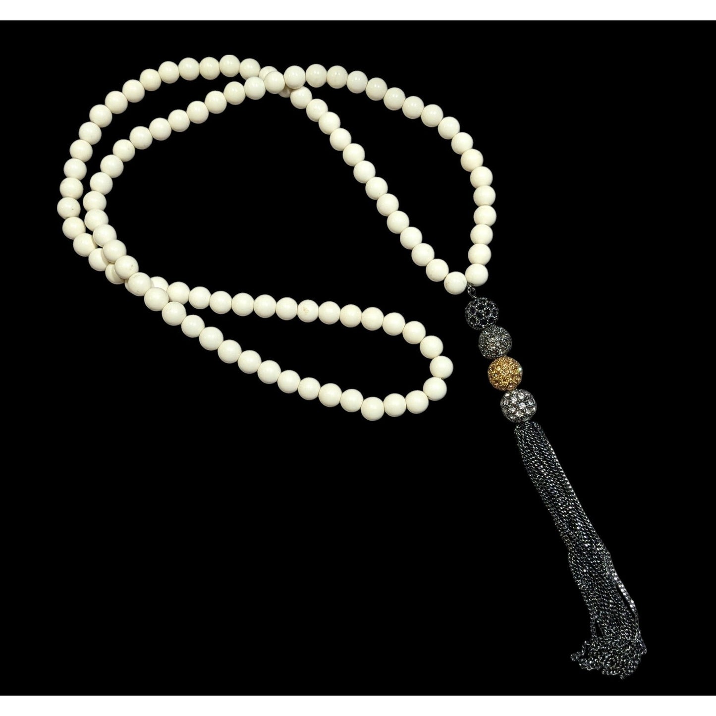Boho Chic Stone Beaded Necklace With Metallic Rhinestone Bead And Chain Tassel