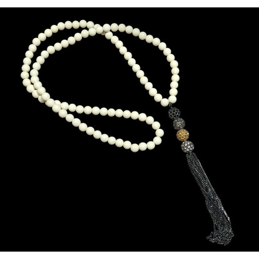 Boho Chic Stone Beaded Necklace With Metallic Rhinestone Bead And Chain Tassel