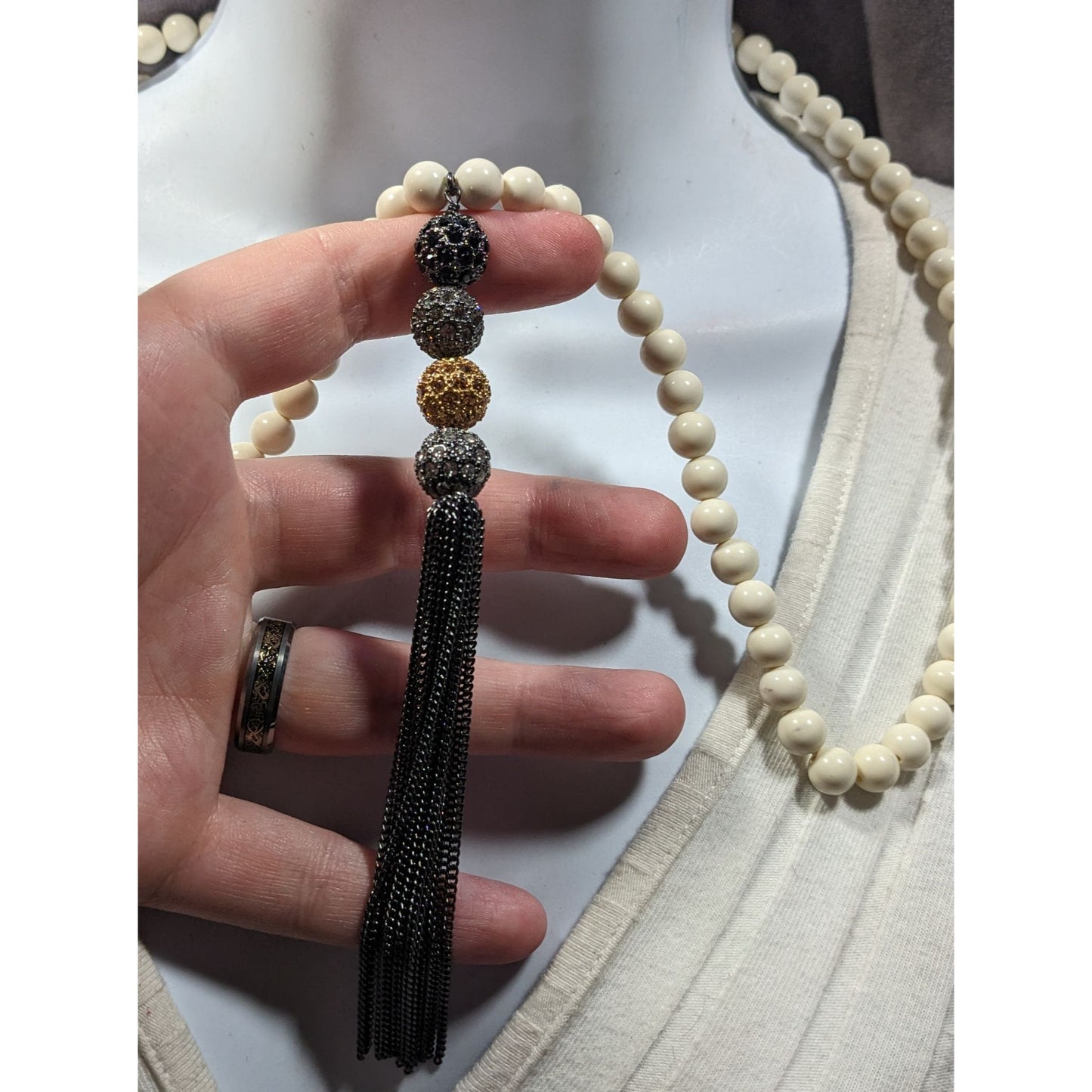 Boho Chic Stone Beaded Necklace With Metallic Rhinestone Bead And Chain Tassel