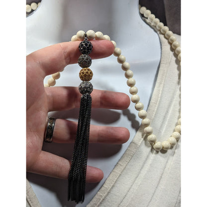 Boho Chic Stone Beaded Necklace With Metallic Rhinestone Bead And Chain Tassel