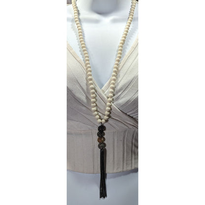 Boho Chic Stone Beaded Necklace With Metallic Rhinestone Bead And Chain Tassel