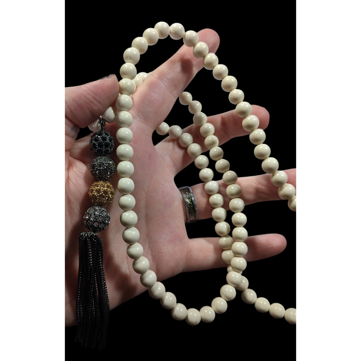 Boho Chic Stone Beaded Necklace With Metallic Rhinestone Bead And Chain Tassel
