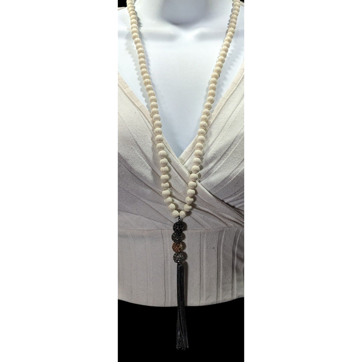 Boho Chic Stone Beaded Necklace With Metallic Rhinestone Bead And Chain Tassel